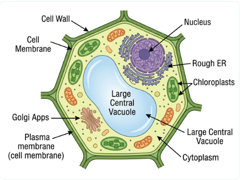 Tia's labelled diagram of a plant cell showing the nucleus, cell wall, chloroplasts and other parts